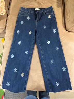 CHARLIE B Dark Blue Wide Leg Jeans with Light Blue Floral Appliqués